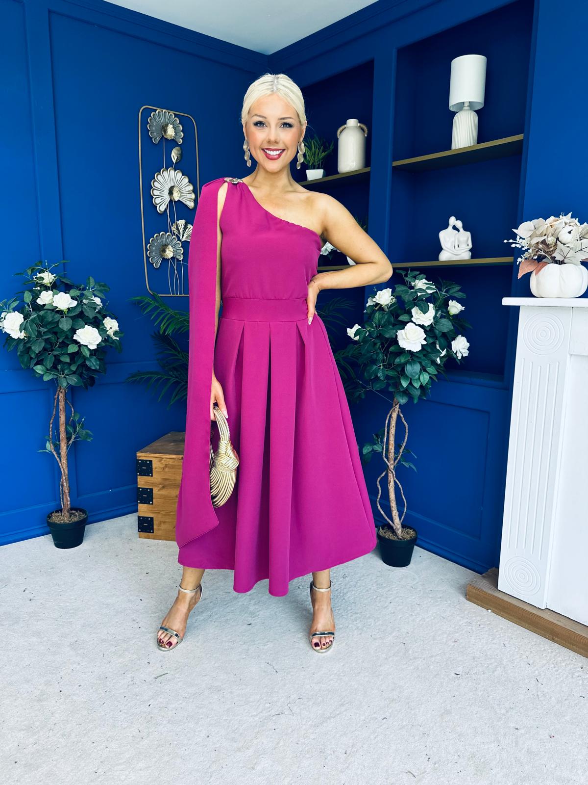 Claire One Shoulder Drape Detail Midi Dress Berry