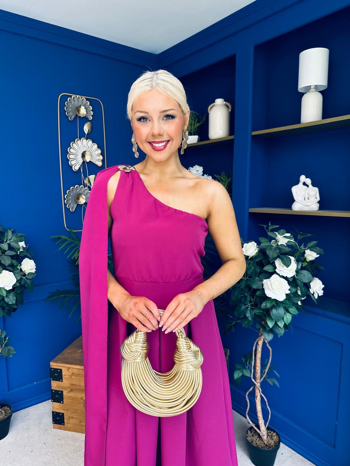 Claire One Shoulder Drape Detail Midi Dress Berry