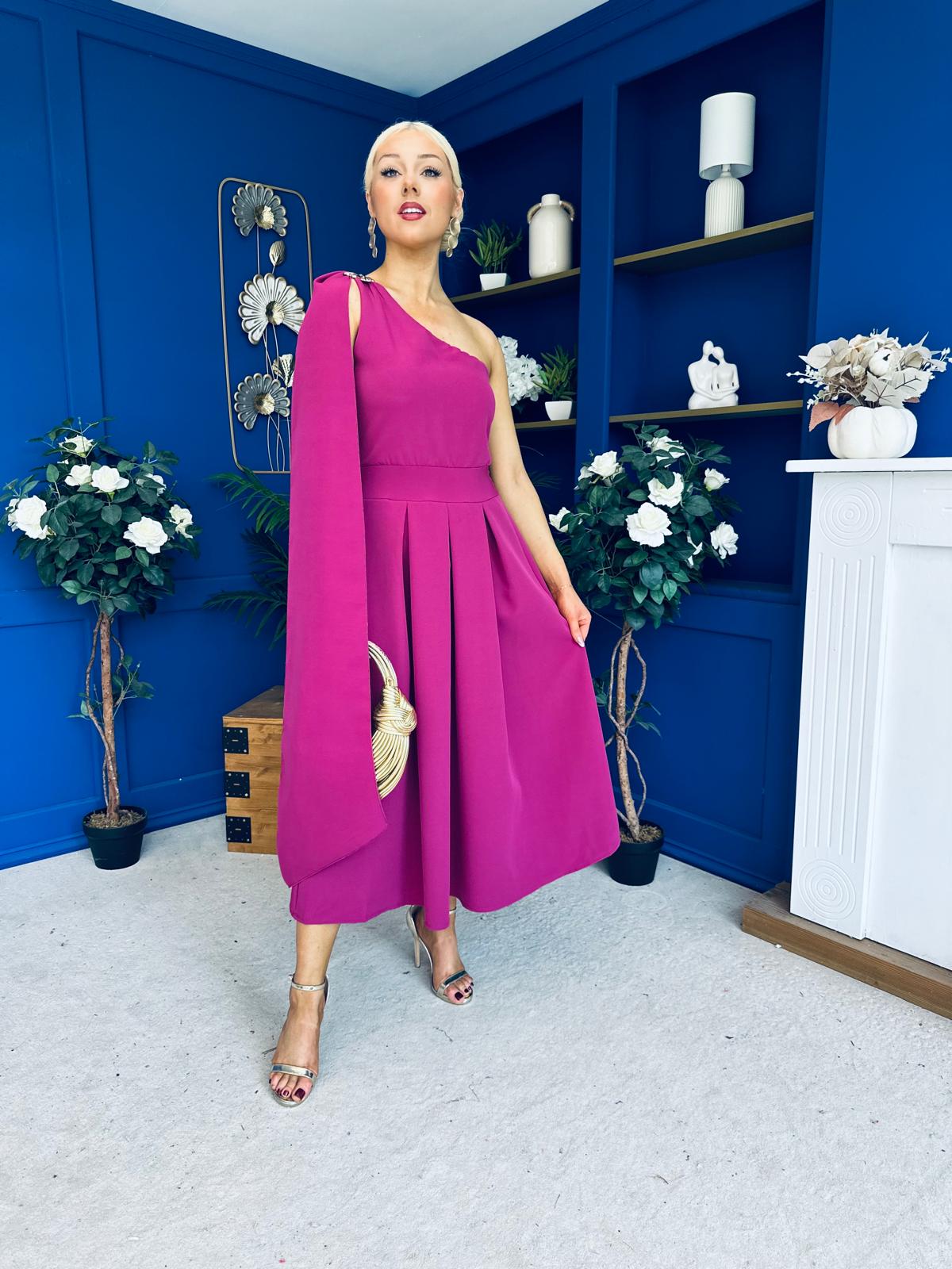 Claire One Shoulder Drape Detail Midi Dress Berry