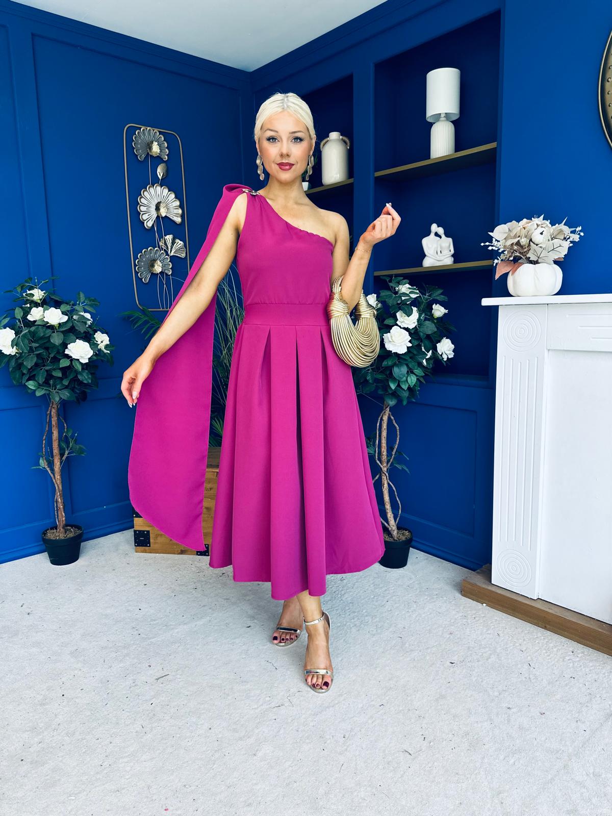 Claire One Shoulder Drape Detail Midi Dress Berry