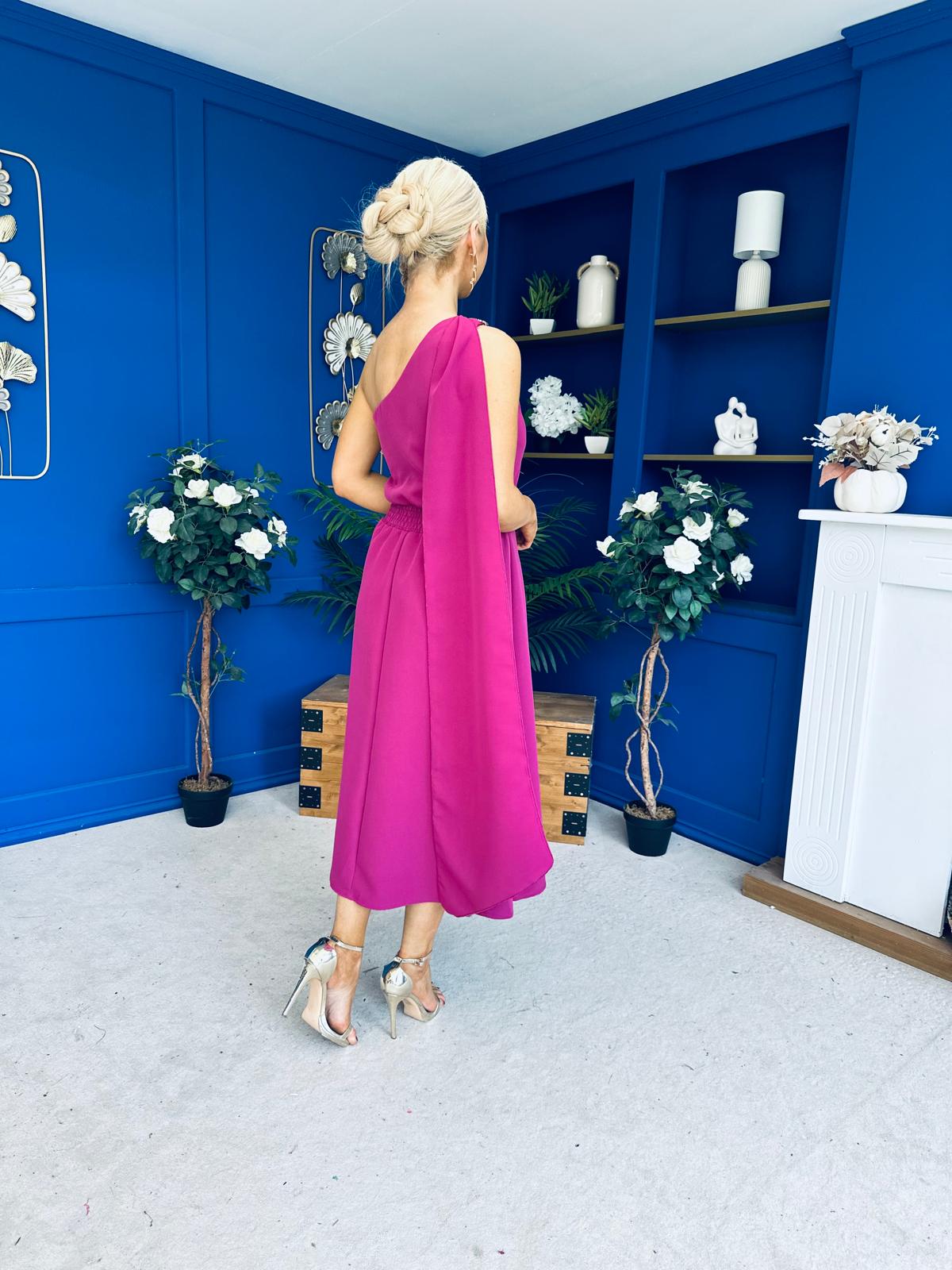 Claire One Shoulder Drape Detail Midi Dress Berry