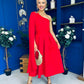 Claire One Shoulder Drape Detail Midi Dress Red