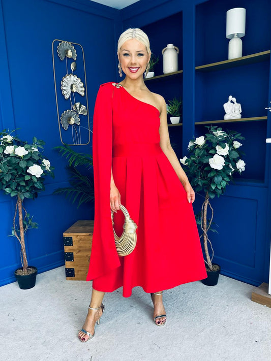 Claire One Shoulder Drape Detail Midi Dress Red