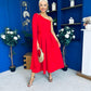 Claire One Shoulder Drape Detail Midi Dress Red