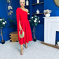 Claire One Shoulder Drape Detail Midi Dress Red