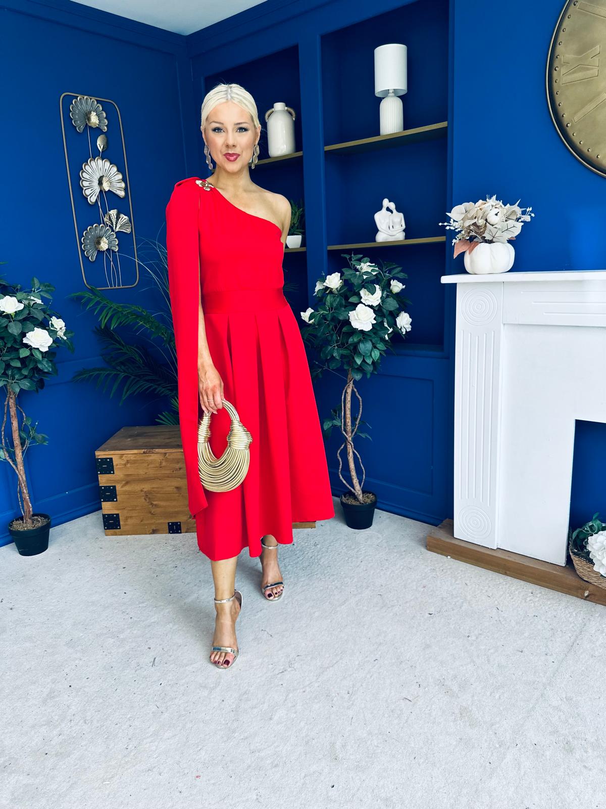 Claire One Shoulder Drape Detail Midi Dress Red