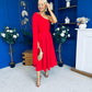Claire One Shoulder Drape Detail Midi Dress Red