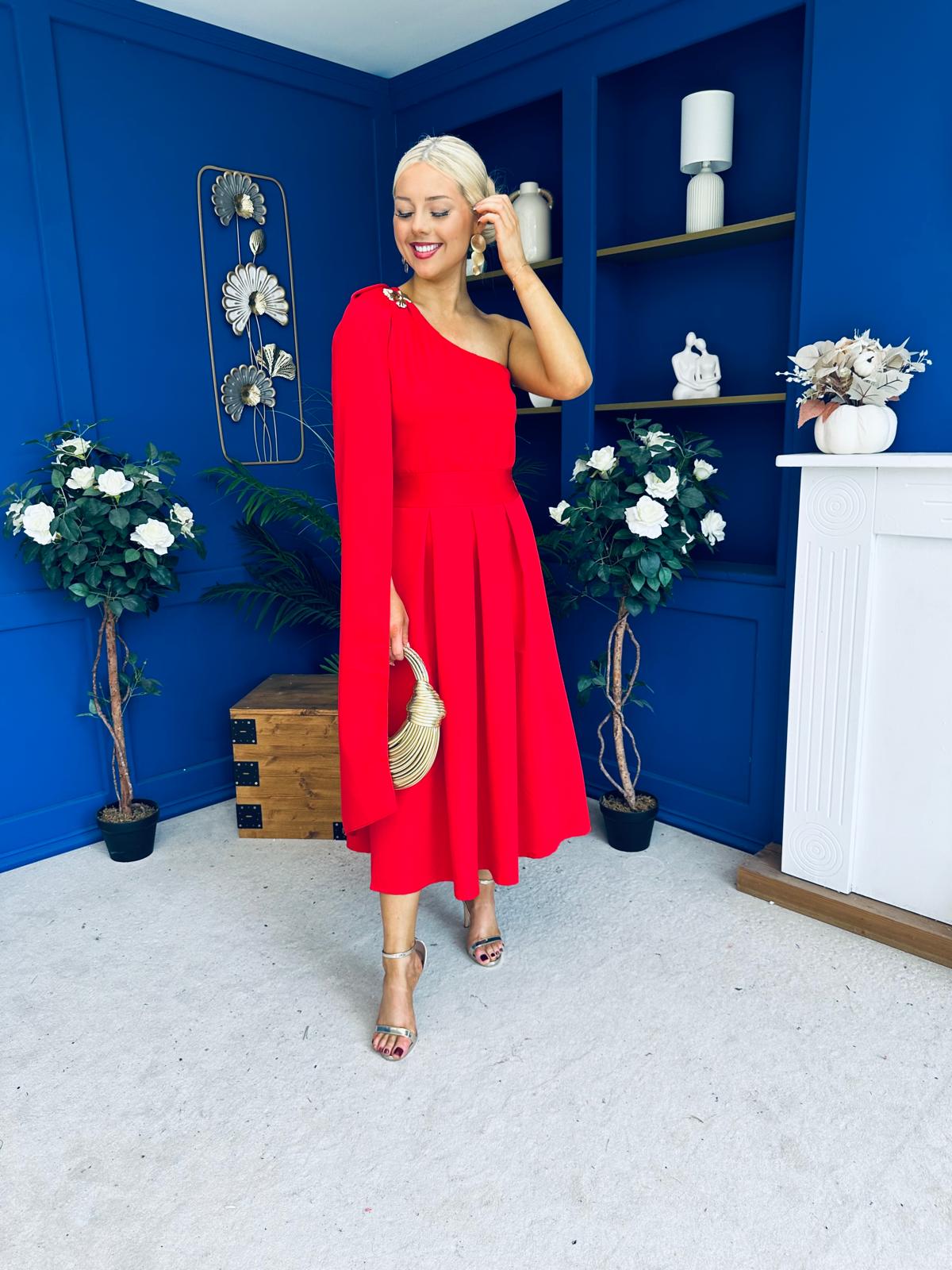 Claire One Shoulder Drape Detail Midi Dress Red