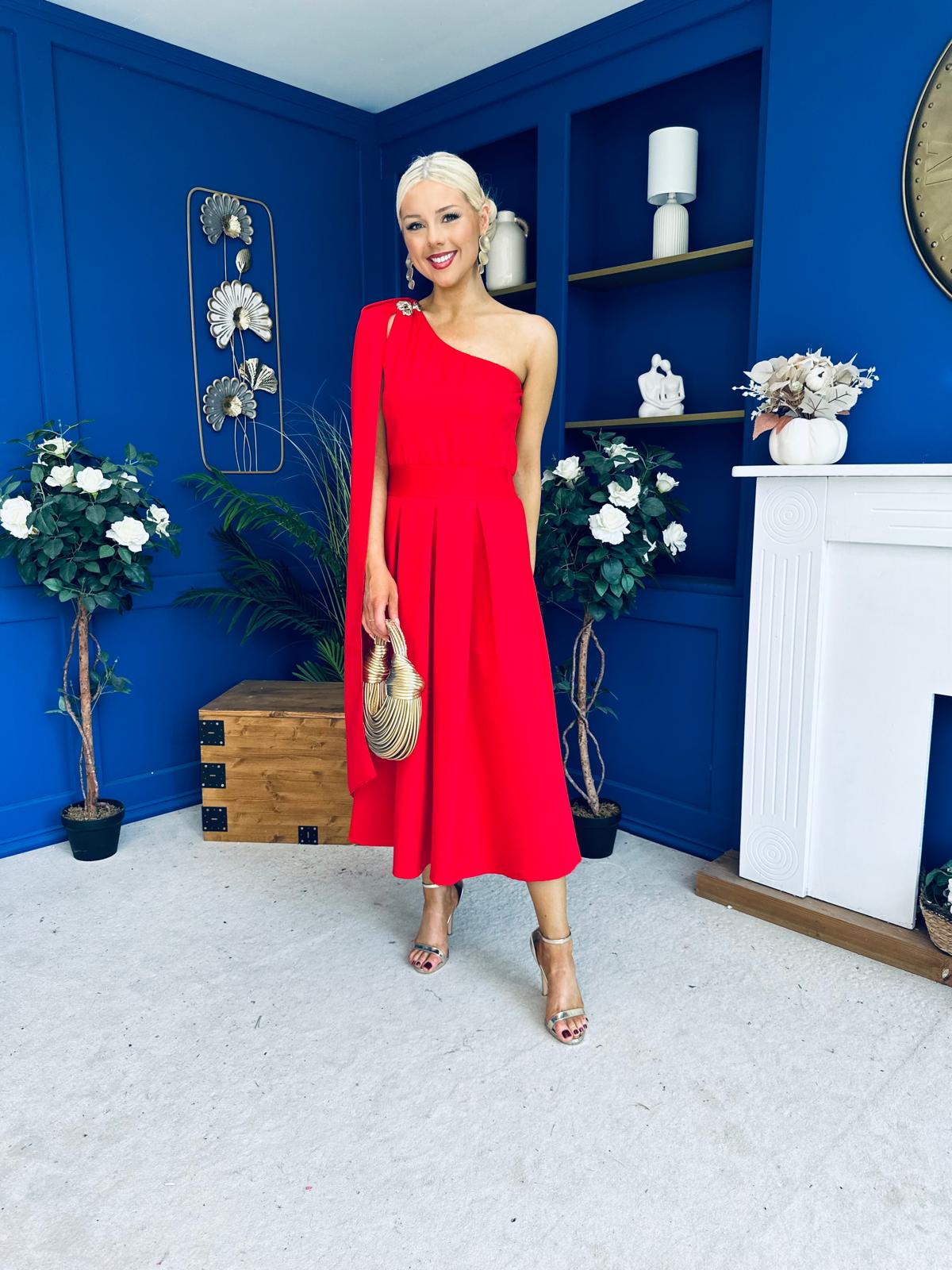 Claire One Shoulder Drape Detail Midi Dress Red