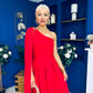 Claire One Shoulder Drape Detail Midi Dress Red