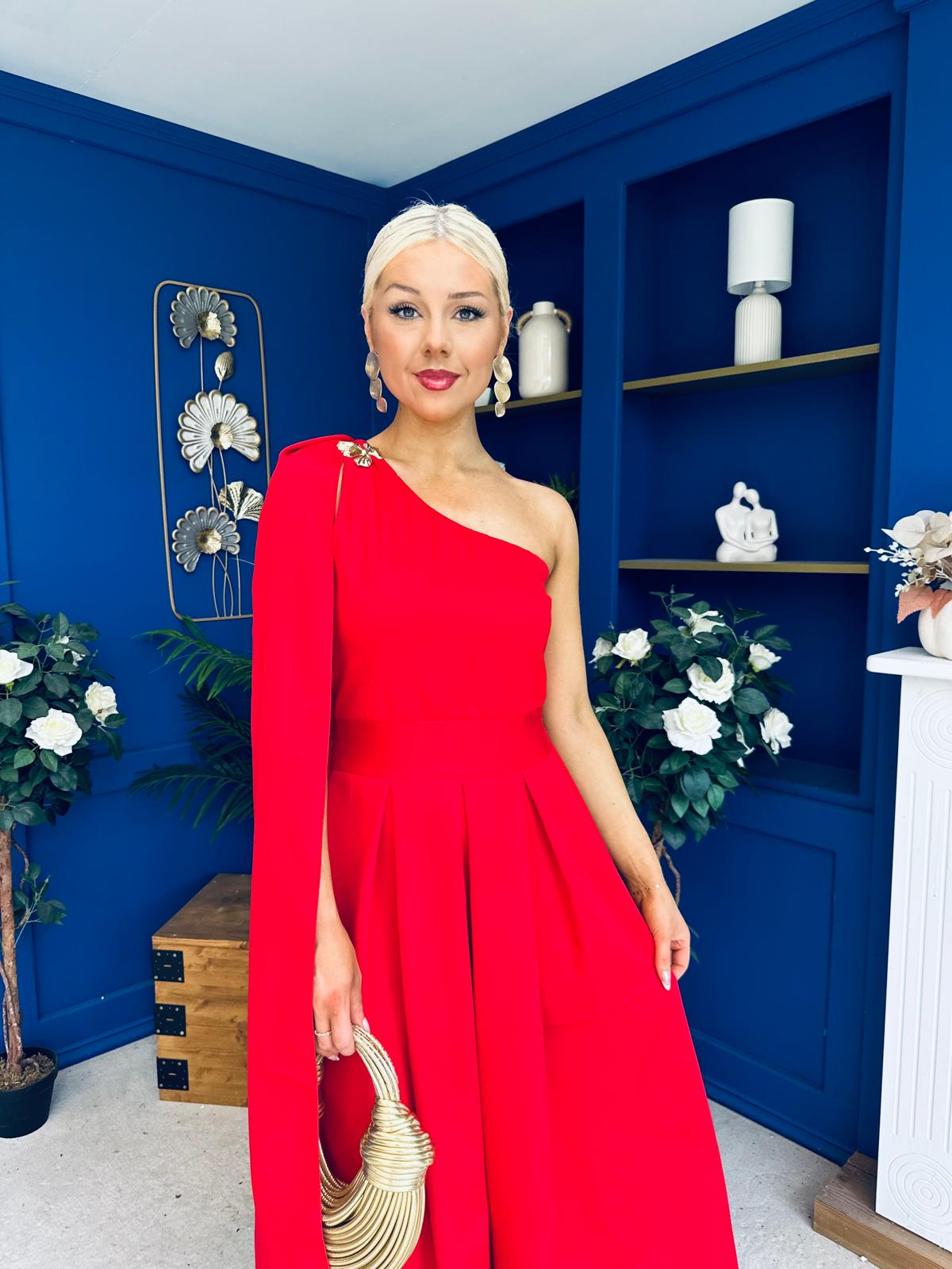 Claire One Shoulder Drape Detail Midi Dress Red