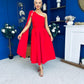 Claire One Shoulder Drape Detail Midi Dress Red