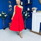 Claire One Shoulder Drape Detail Midi Dress Red