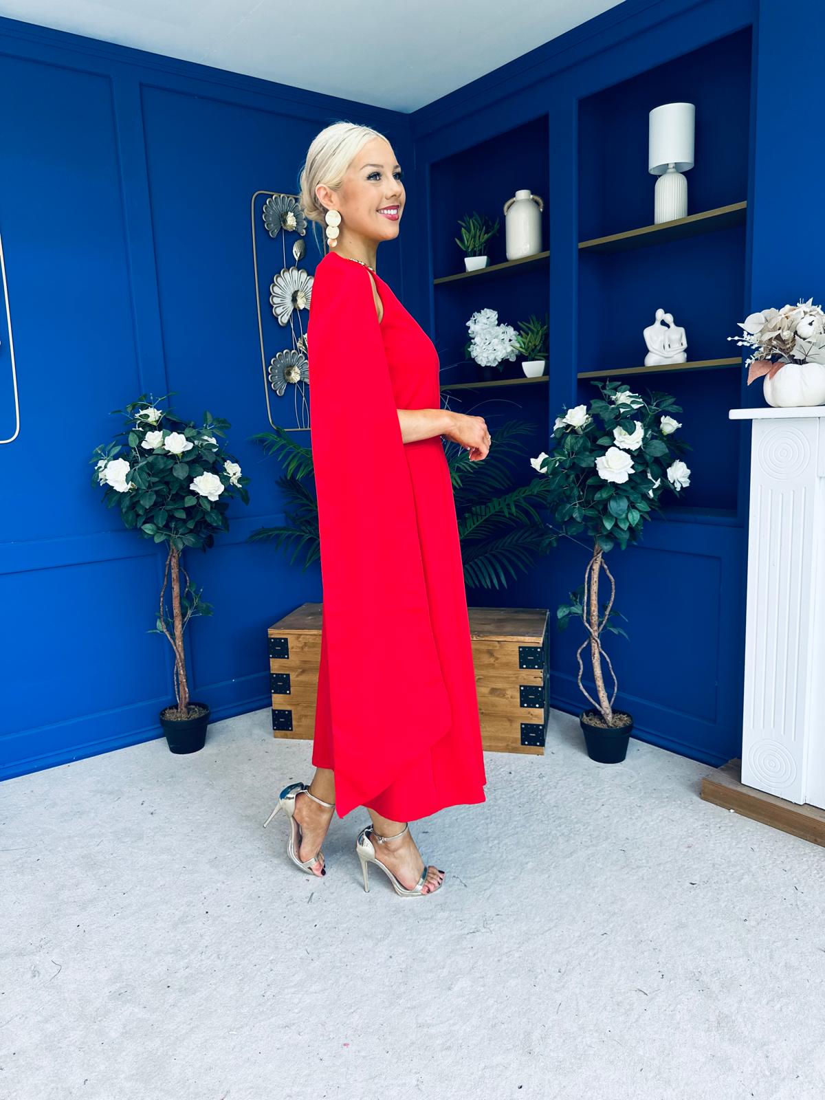 Claire One Shoulder Drape Detail Midi Dress Red