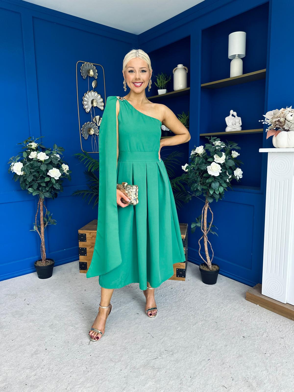 Claire One Shoulder Drape Detail Midi Dress Emerald