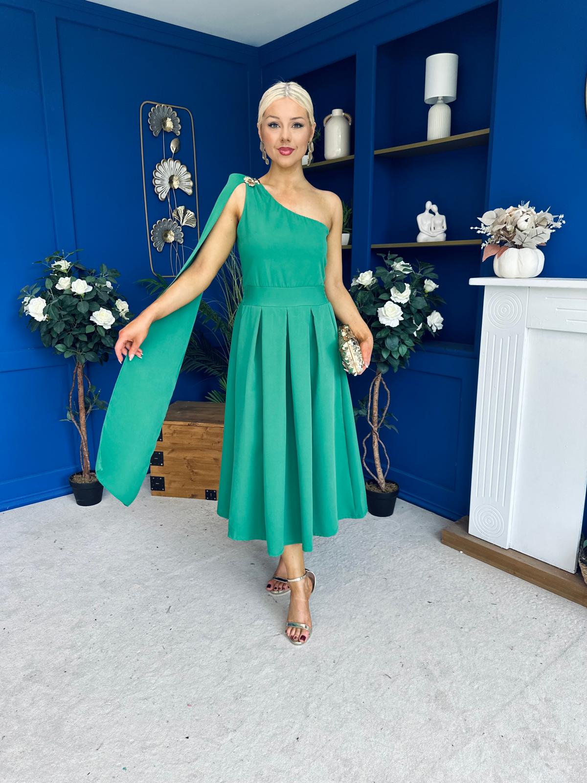 Claire One Shoulder Drape Detail Midi Dress Emerald