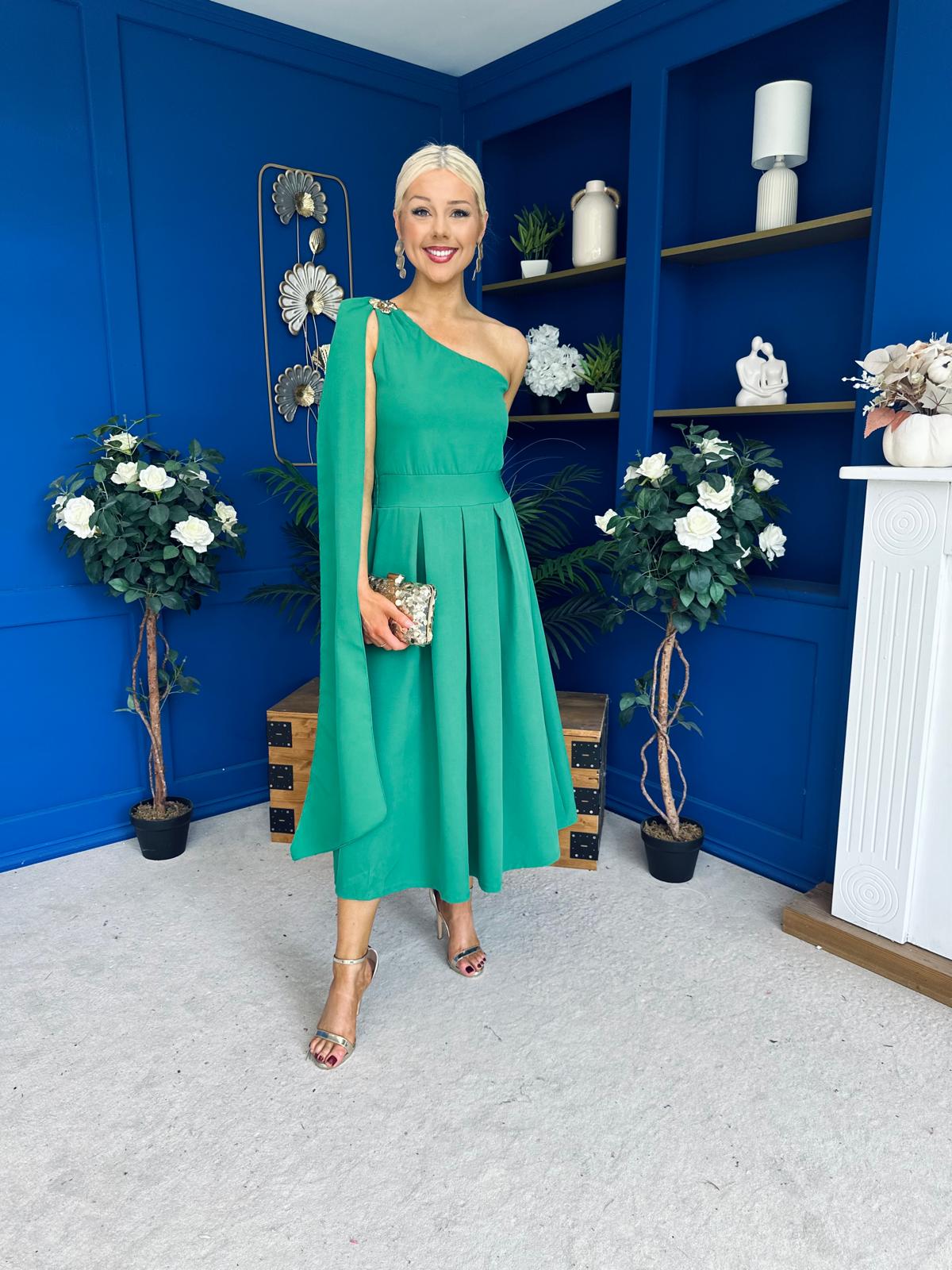 Claire One Shoulder Drape Detail Midi Dress Emerald