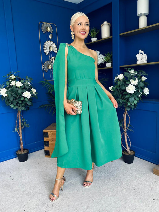 Claire One Shoulder Drape Detail Midi Dress Emerald