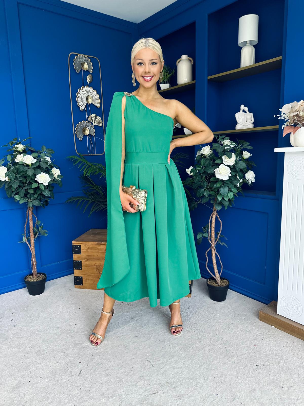 Claire One Shoulder Drape Detail Midi Dress Emerald