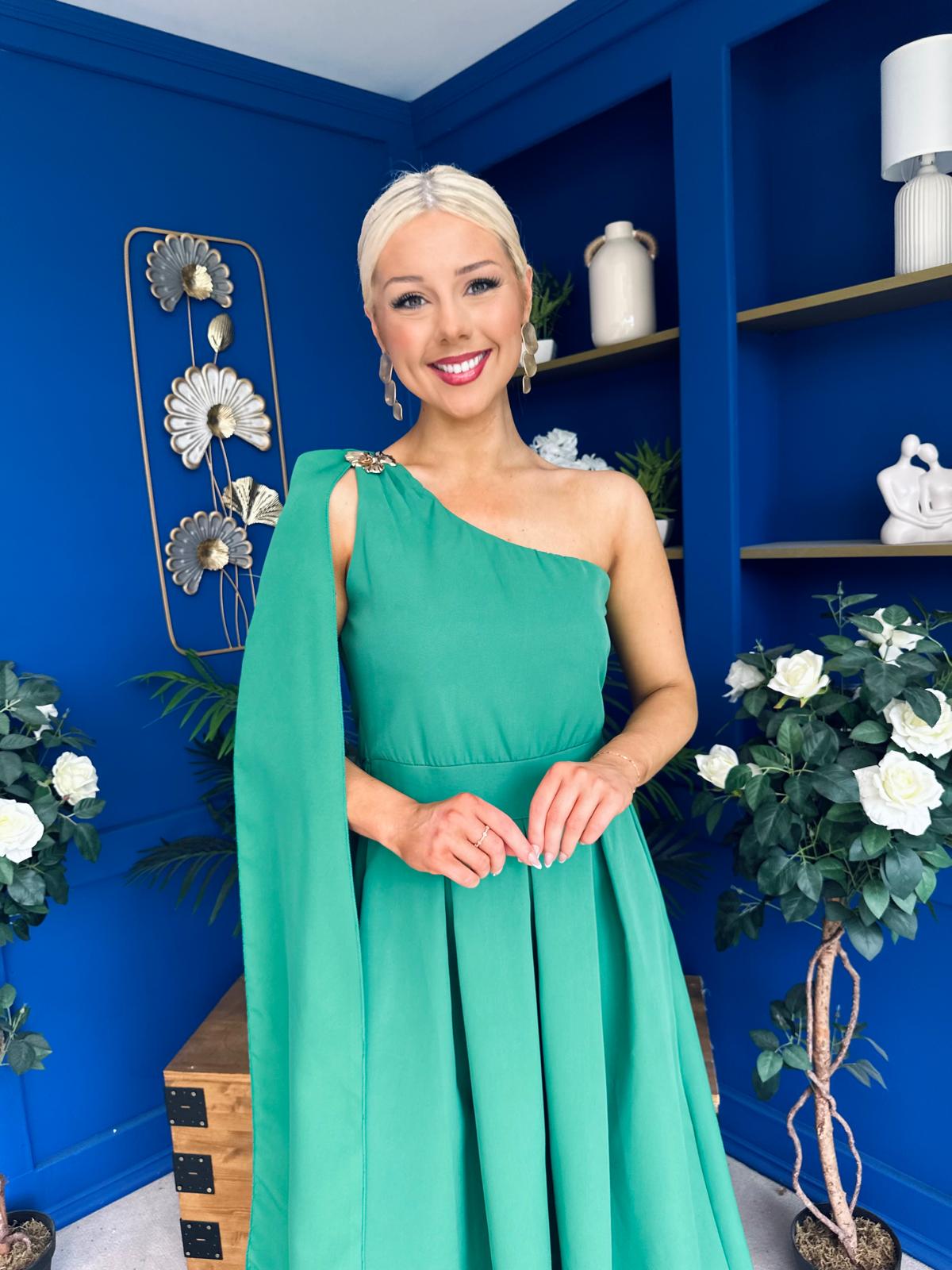 Claire One Shoulder Drape Detail Midi Dress Emerald