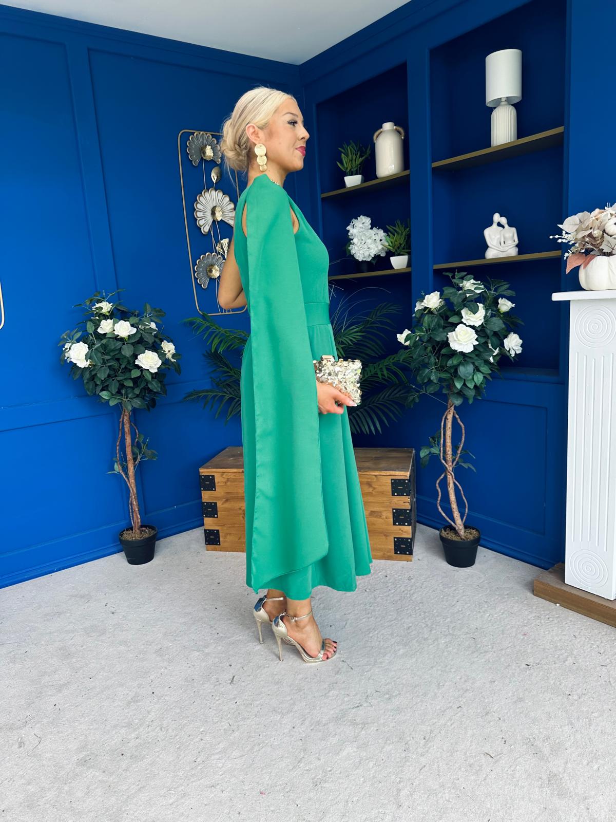 Claire One Shoulder Drape Detail Midi Dress Emerald
