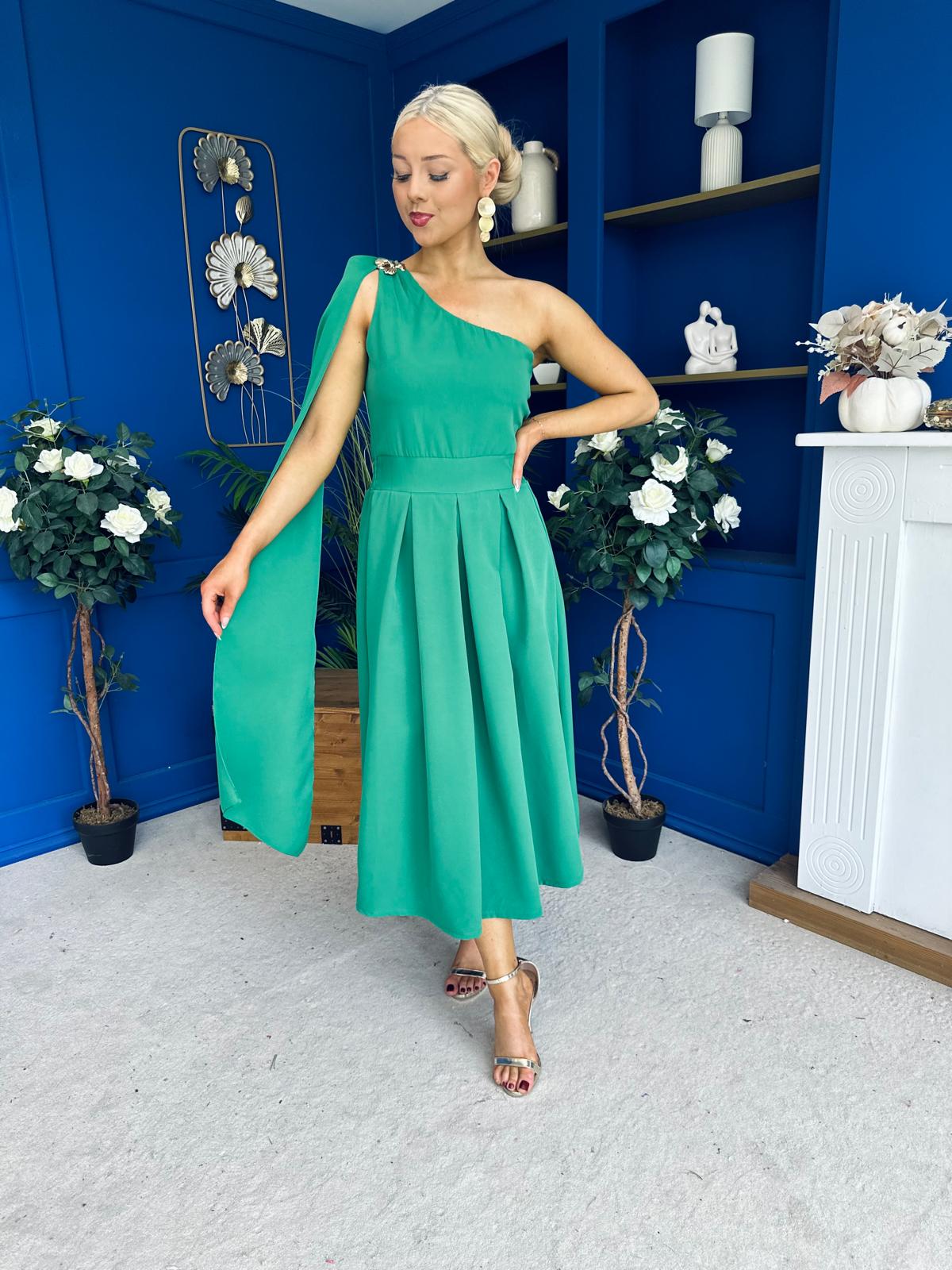 Claire One Shoulder Drape Detail Midi Dress Emerald