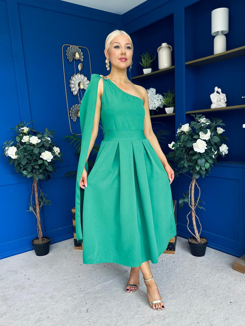 Claire One Shoulder Drape Detail Midi Dress Emerald