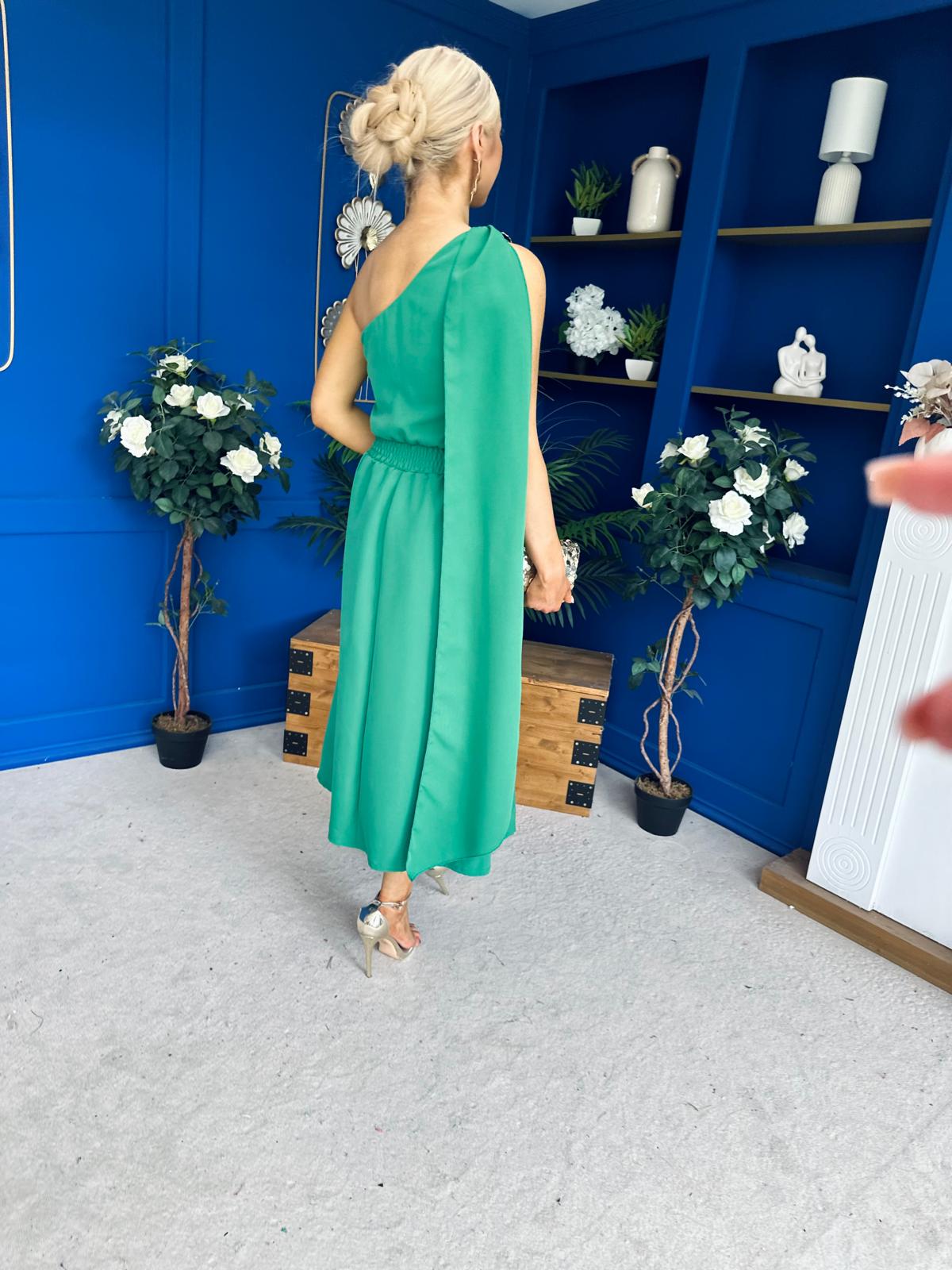 Claire One Shoulder Drape Detail Midi Dress Emerald