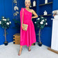 Claire One Shoulder Drape Detail Midi Dress Hot Pink