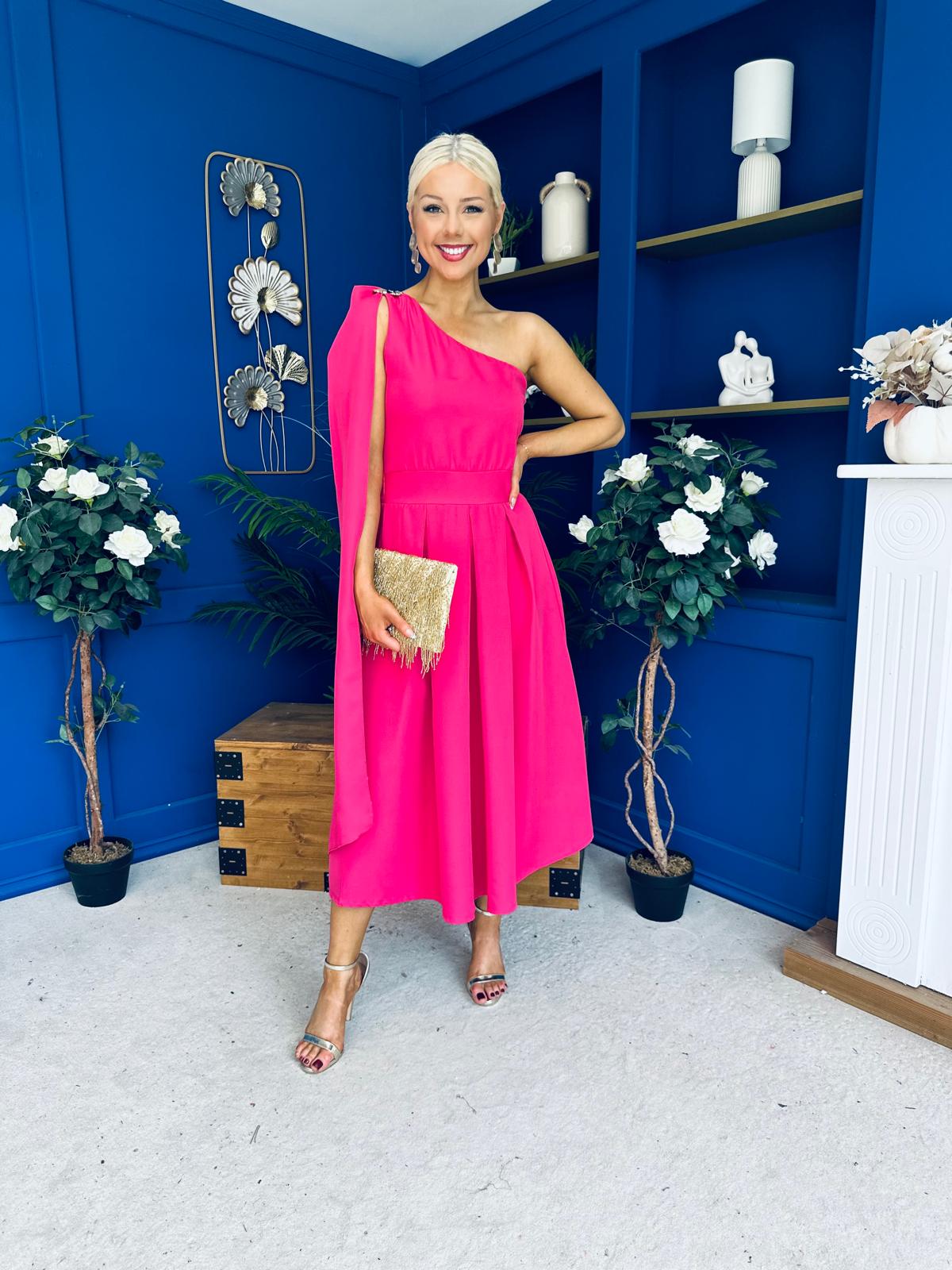 Claire One Shoulder Drape Detail Midi Dress Hot Pink