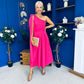 Claire One Shoulder Drape Detail Midi Dress Hot Pink