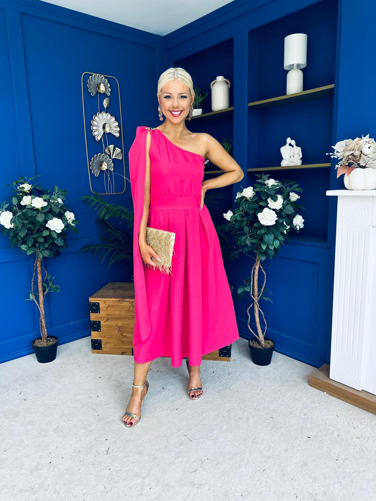 Claire One Shoulder Drape Detail Midi Dress Hot Pink