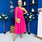 Claire One Shoulder Drape Detail Midi Dress Hot Pink