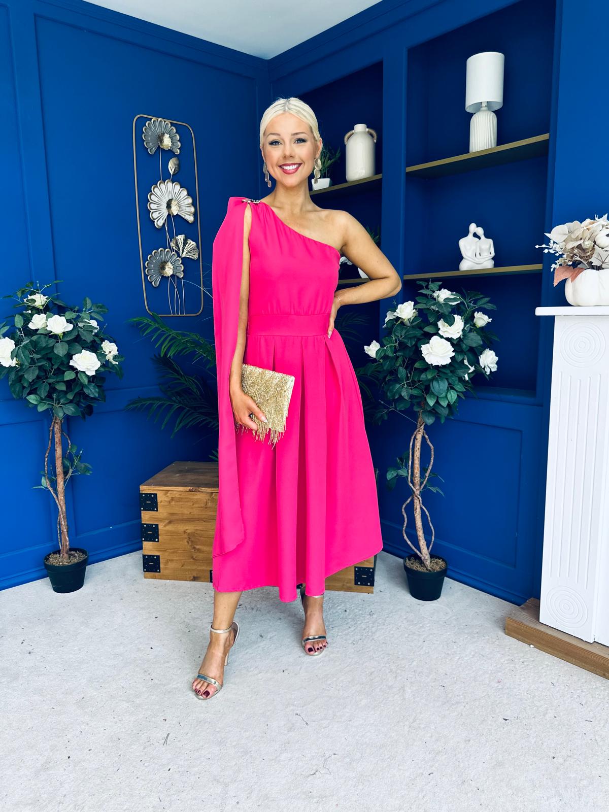 Claire One Shoulder Drape Detail Midi Dress Hot Pink