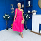 Claire One Shoulder Drape Detail Midi Dress Hot Pink