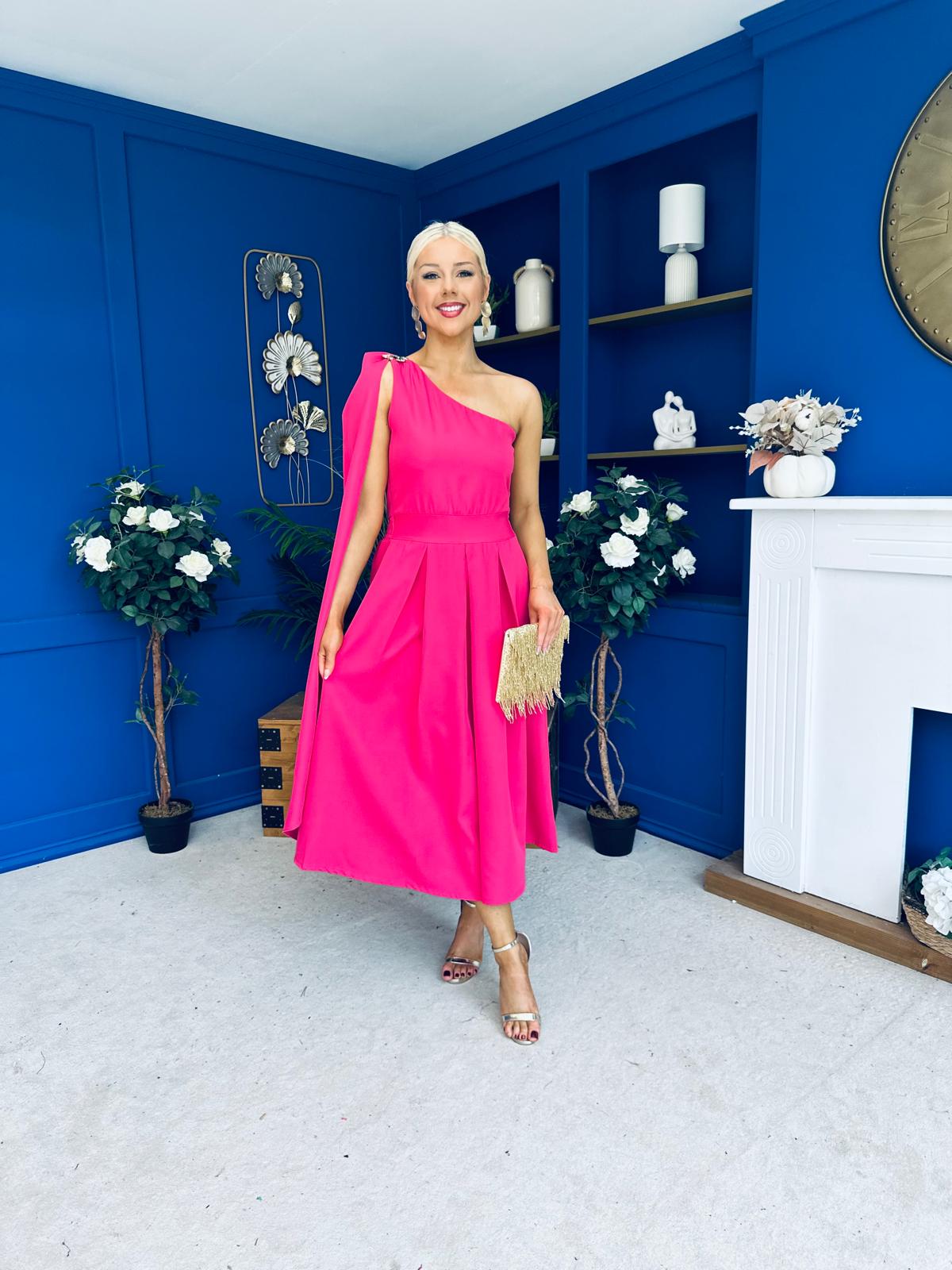 Claire One Shoulder Drape Detail Midi Dress Hot Pink