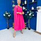 Claire One Shoulder Drape Detail Midi Dress Hot Pink