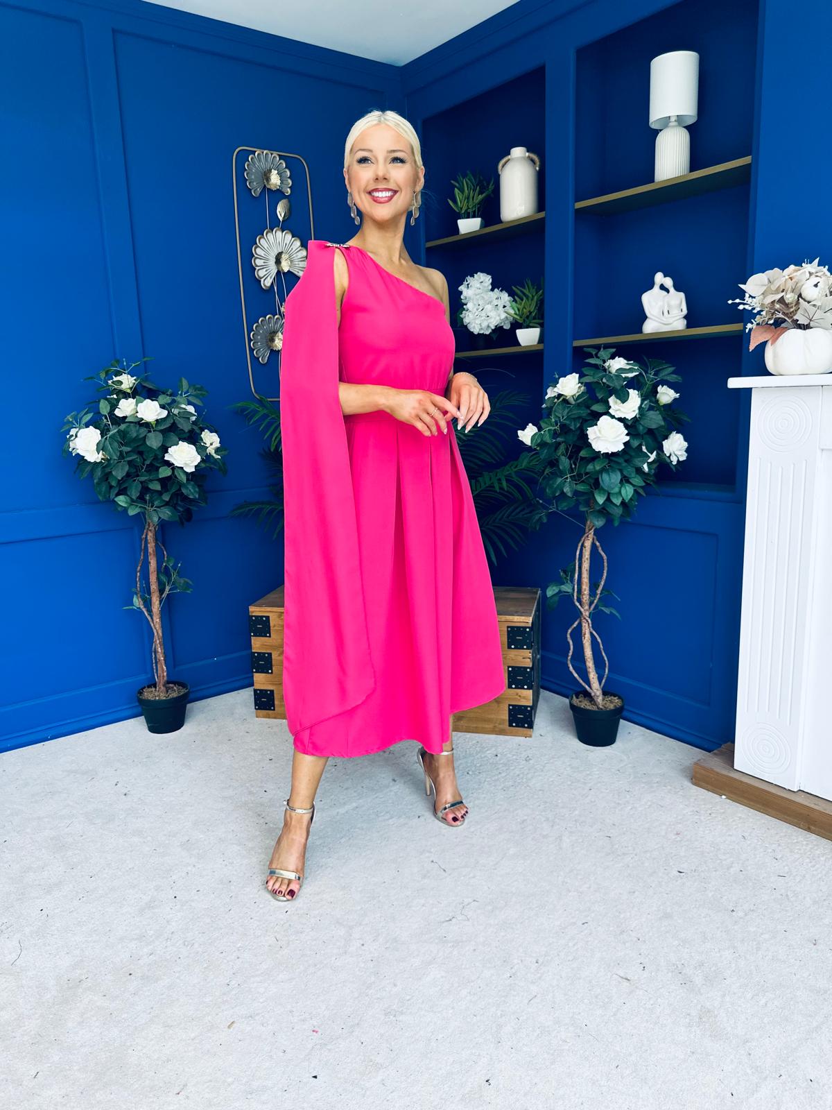 Claire One Shoulder Drape Detail Midi Dress Hot Pink