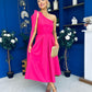Claire One Shoulder Drape Detail Midi Dress Hot Pink