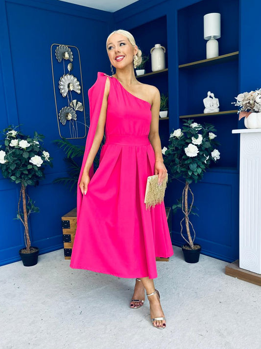 Claire One Shoulder Drape Detail Midi Dress Hot Pink