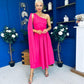 Claire One Shoulder Drape Detail Midi Dress Hot Pink