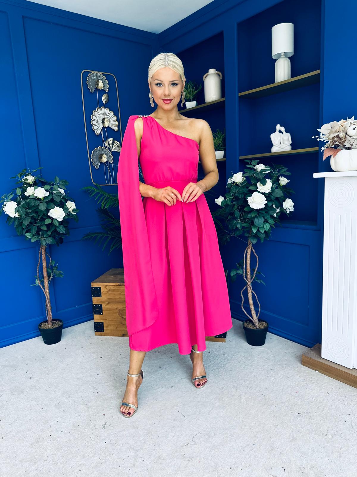 Claire One Shoulder Drape Detail Midi Dress Hot Pink
