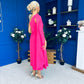Claire One Shoulder Drape Detail Midi Dress Hot Pink