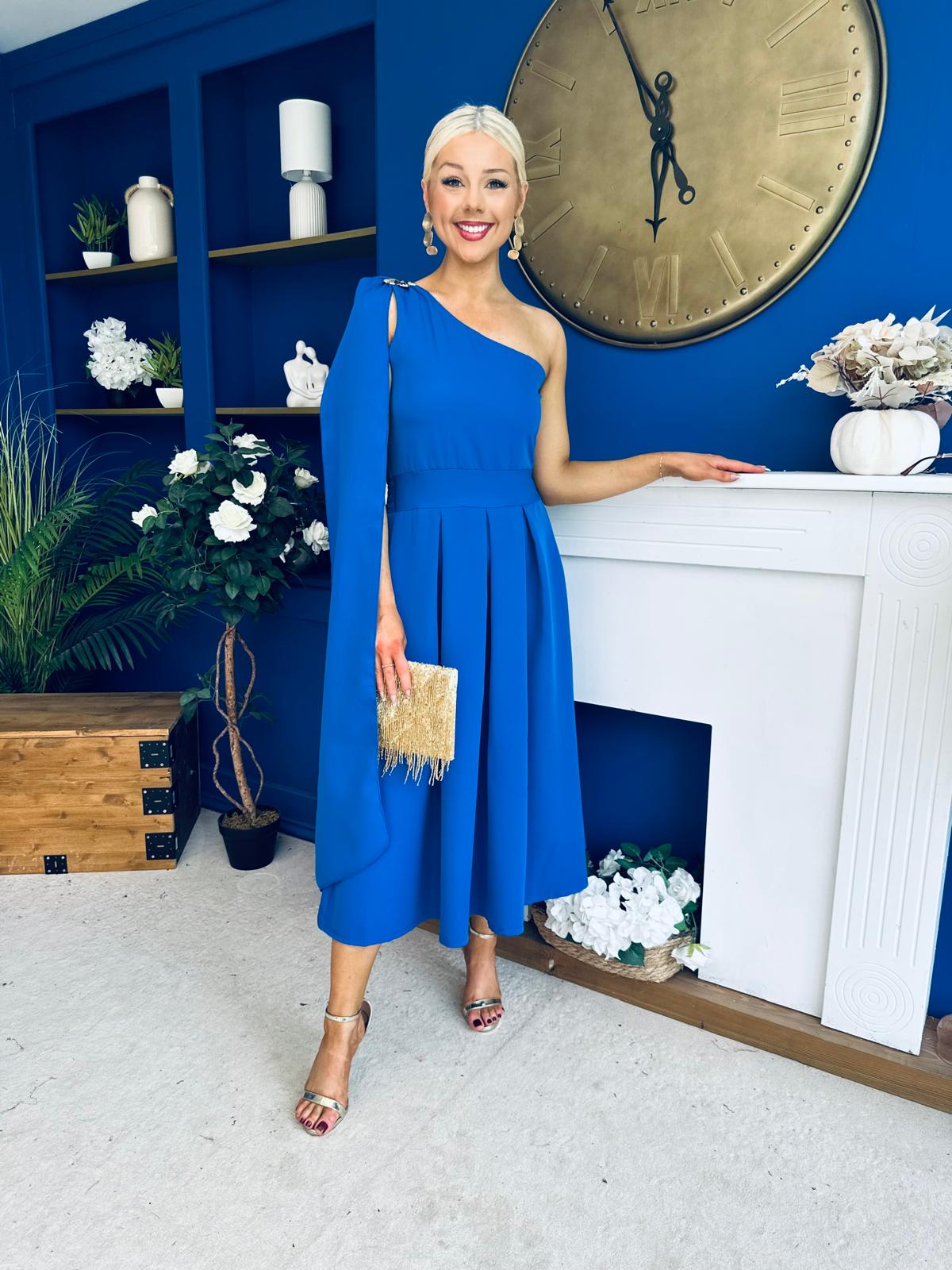 Claire One Shoulder Drape Detail Midi Dress Cobalt