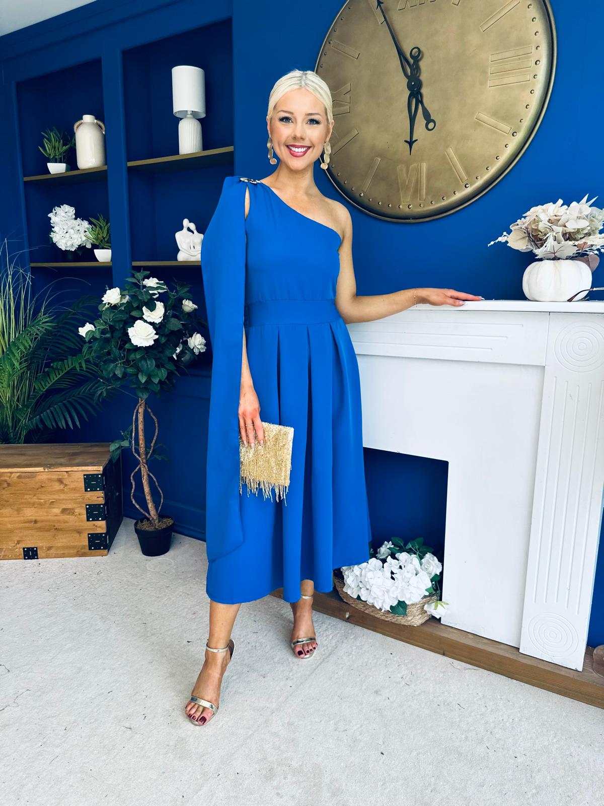 Claire One Shoulder Drape Detail Midi Dress Cobalt