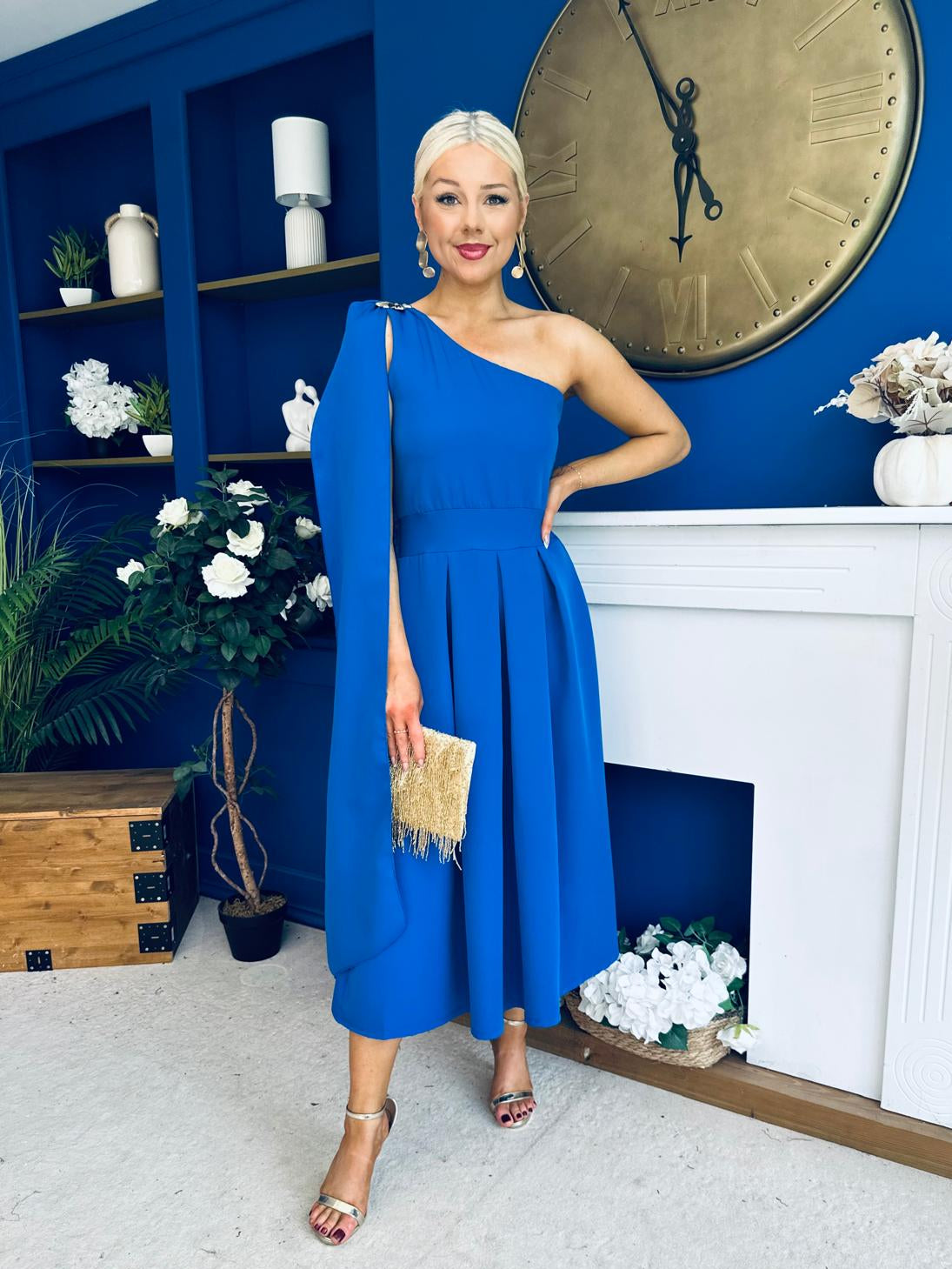 Claire One Shoulder Drape Detail Midi Dress Cobalt