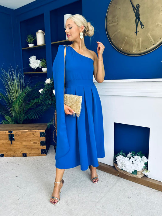 Claire One Shoulder Drape Detail Midi Dress Cobalt