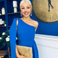 Claire One Shoulder Drape Detail Midi Dress Cobalt