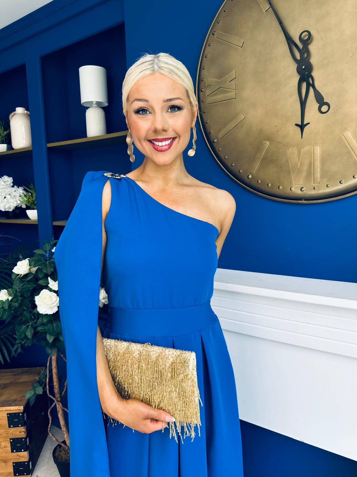 Claire One Shoulder Drape Detail Midi Dress Cobalt