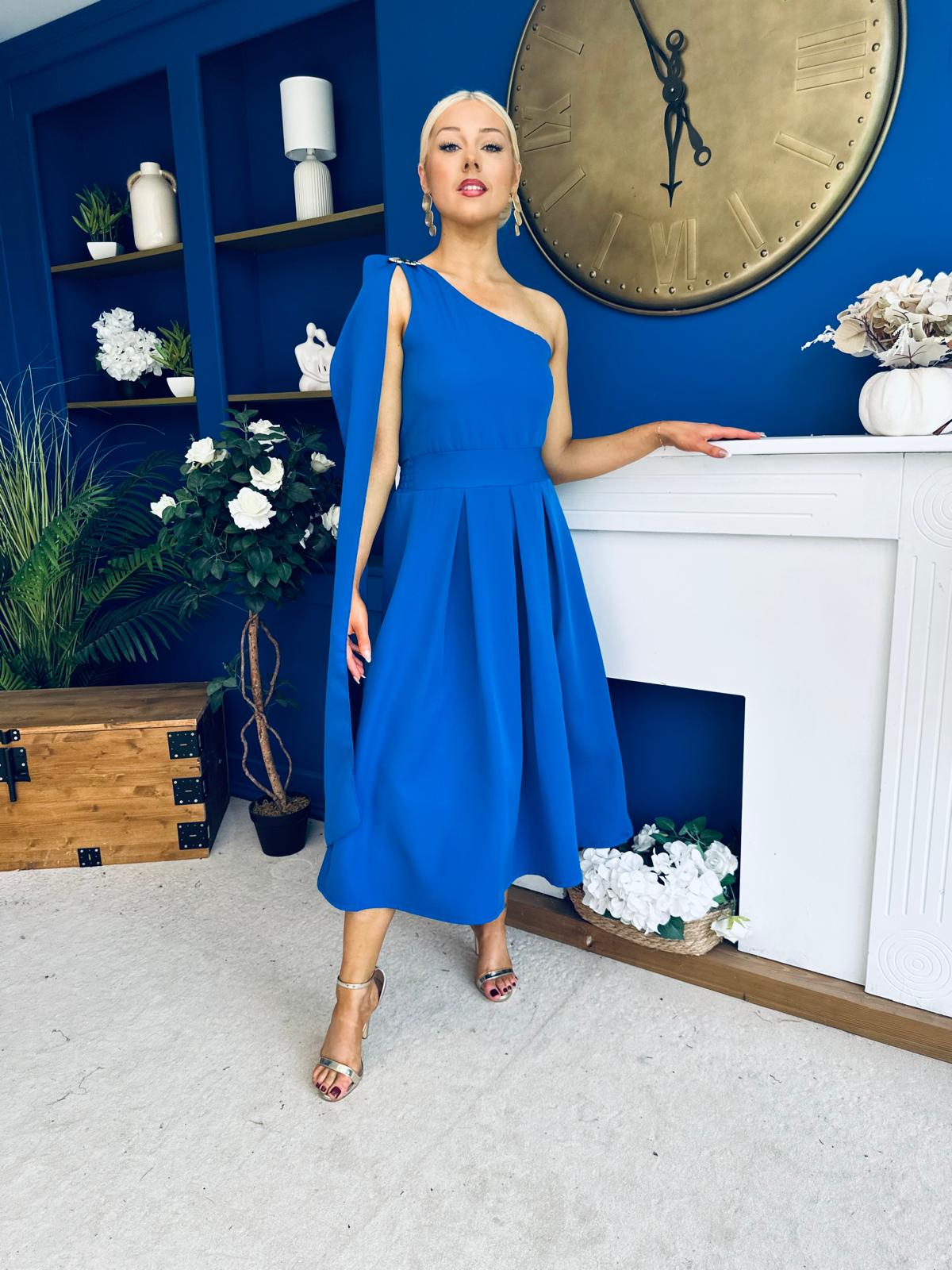 Claire One Shoulder Drape Detail Midi Dress Cobalt